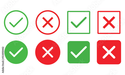 Free Download Set of tick mark in green and cross mark in red colour and stroke with white background, check and cross mark icon set. checkmark and x mark icon use for apps and website. checkmark, icon, vector. - GFXLoad