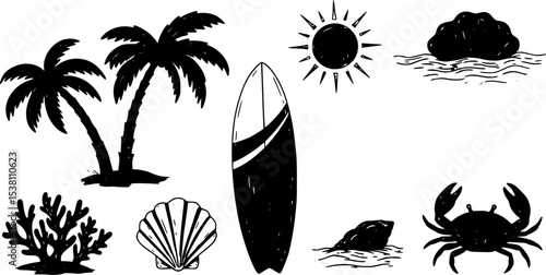 Summer boho vintage icon set. Hand drawn palm tree, sun and sea, seashells, coral, crab in naive groovy style. Tropical surf club concept, vacation and travel. Vector illustration