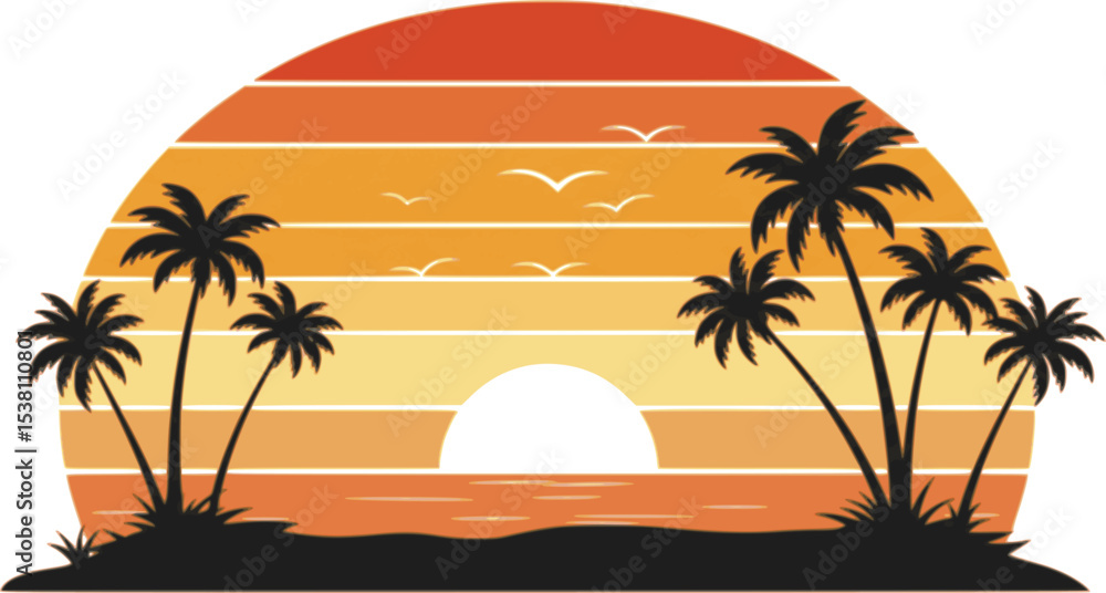 Obraz premium retro sunset beach palm trees silhouettes vector illustration
