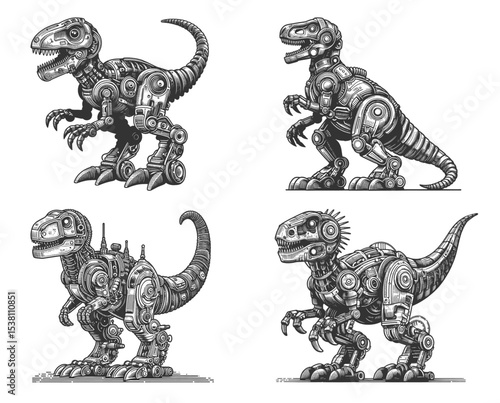 Fototapeta Naklejka Na Ścianę i Meble -  robot dinosaurs combining mechanical parts with dinosaur anatomy Set collection bundle sketch engraving generative ai vector illustration. Scratch board imitation. Black and white image.