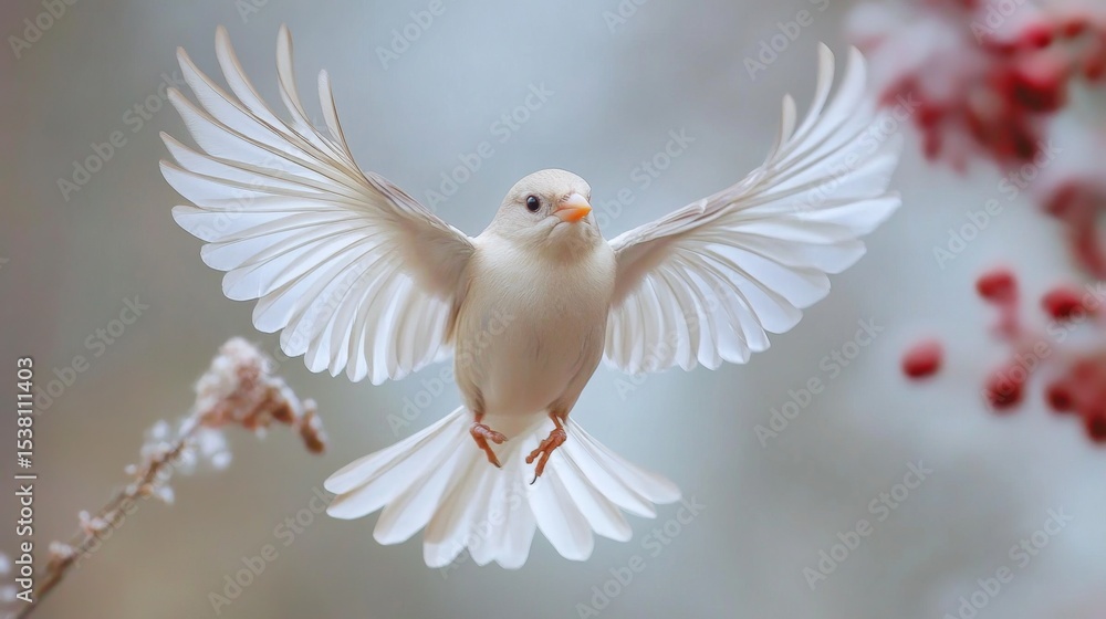 Fototapeta premium A close-up shot of a bird in mid-flight, with its wings spread wide and feathers clearly visible, capturing the grace and power of the birds flight.