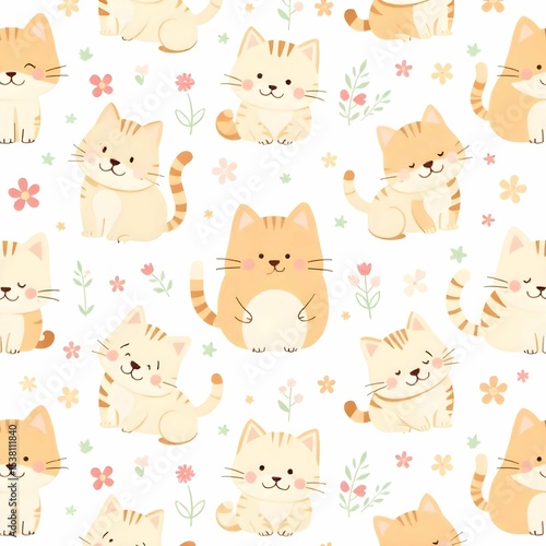 Pattern of various illustrated cats in playful poses, pastel color palette, flat vector style, seamless and clean background