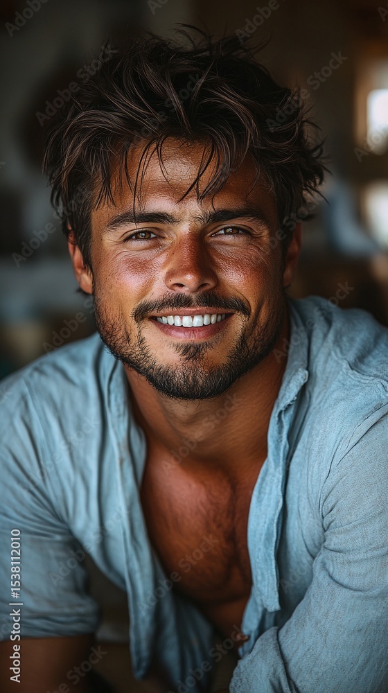 Fototapeta premium Friendly close up portrait of a handsome smiling man with beard and cheerful eyes on dark background