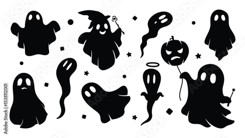 Happy Halloween silhouette element vector set. Collection of ghost, spirit, pumpkin, star. Halloween decoration Isolated icon holidays for festival, sticker, card, decorative.