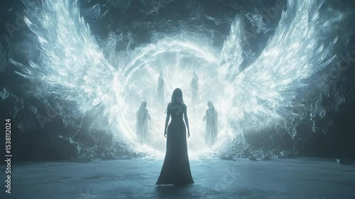 Female silhouette walk towards the angels heaven portal