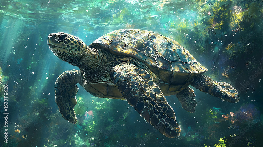 Fototapeta premium Majestic sea turtle swimming in an underwater landscape.