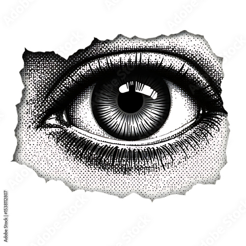 Black and white halftone collage of human eye with torn paper and grunge texture
