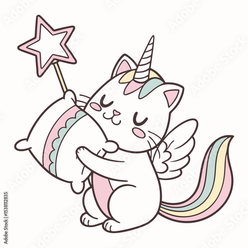 SVG art: A Peaceful Cat in a Unicorn Dreams vibe with hugging a pillow, tinted with Unicorn Dreams tones