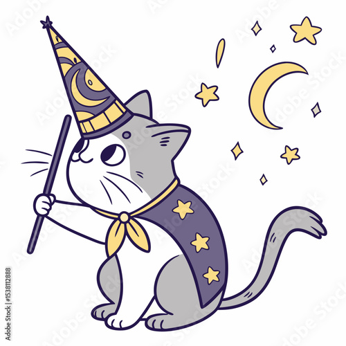 Cute SVG of a Amused Cat in Magical Night colors, featuring wearing a party hat in a Starry night setting
