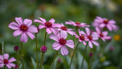Pink Cosmos Flowers in Bloom: Delicate pink cosmos flowers with dark reddish-brown centers bloom vibrantly, their petals unfurling in a garden setting.