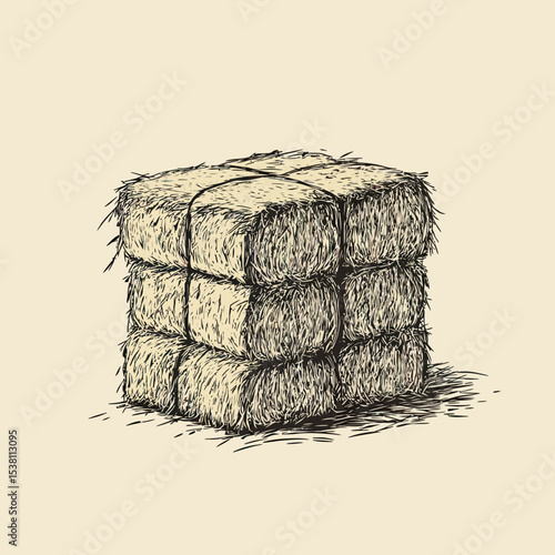 Hand drawn vintage style square hay bale tied with rope detailed sketch isolated on beige background agricultural farm equipment illustration vector