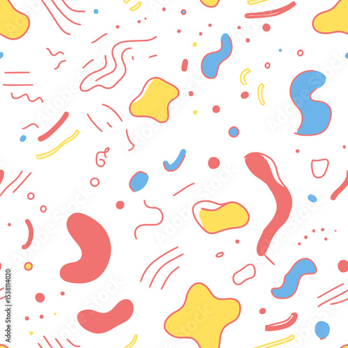 Abstract colorful seamless pattern with wavy and squiggly minimalist shapes in yellow blue red and black lines for kid background design vector illustration