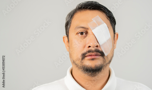 Фотография Portrait of a adult Asain man has an eye injury, putting a bandage on it, standi