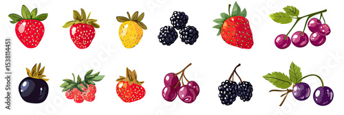 Set of colorful cartoon berries including strawberry, blackberry, cherry, gooseberry, blackcurrant, redcurrant, wild strawberry, blueberry, isolated on white background vector illustration collection