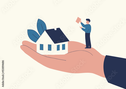 Conceptual illustration of person holding small paper house model on large open hand symbolizing real estate investment inheritance gift or property transfer support in flat minimalist style