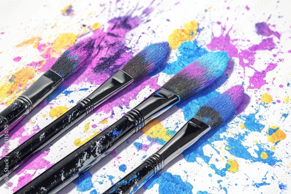 Obraz premium Color Palette Brushes: A vivid collection of paintbrushes rests amidst colorful, splashed paint. A creative composition capturing artistic spirit
