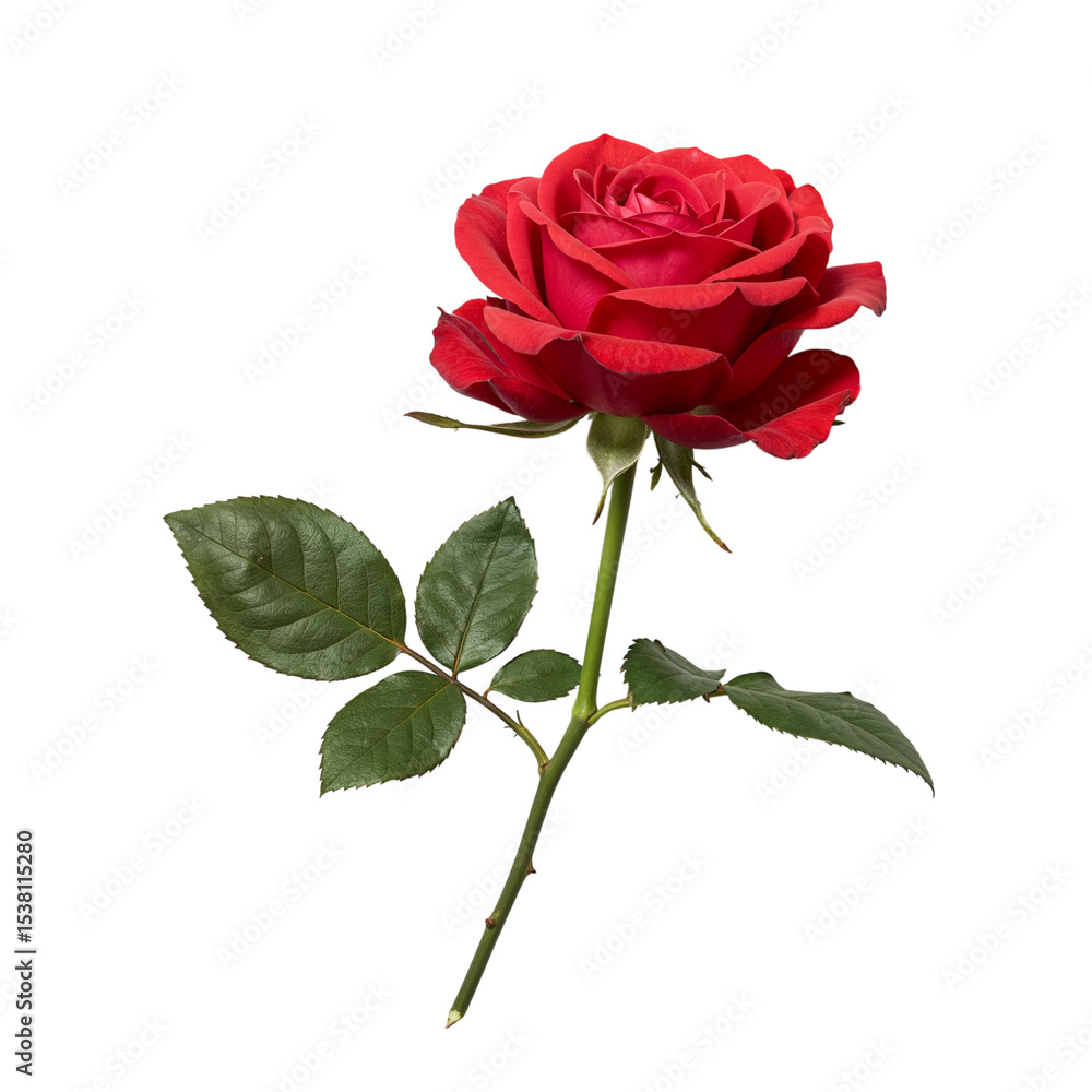 Obraz premium Single red rose with stem and leaves isolated on transparent background