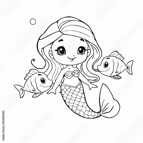 Charming mermaid illustration for coloring pages with friendly fish companions outline vector