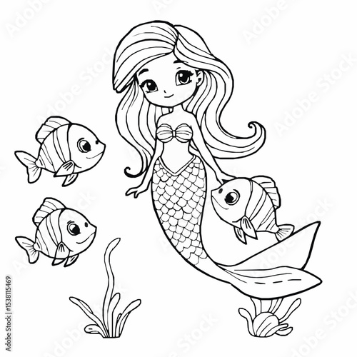 Cute mermaid with fish friends underwater world coloring page for children illustration