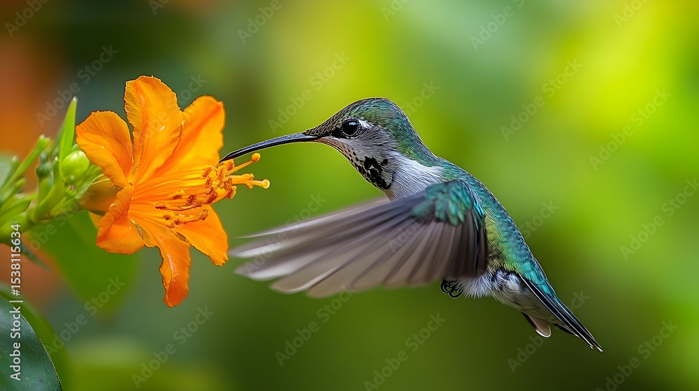 Fototapeta premium A hummingbird in flight, feeding from an orange flower.