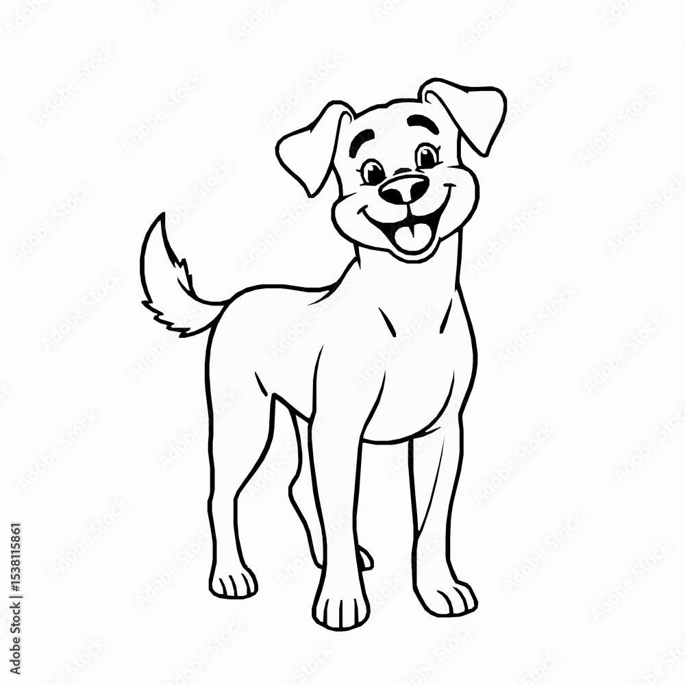 Fototapeta premium Cheerful cartoon dog standing with a happy expression black and white outline