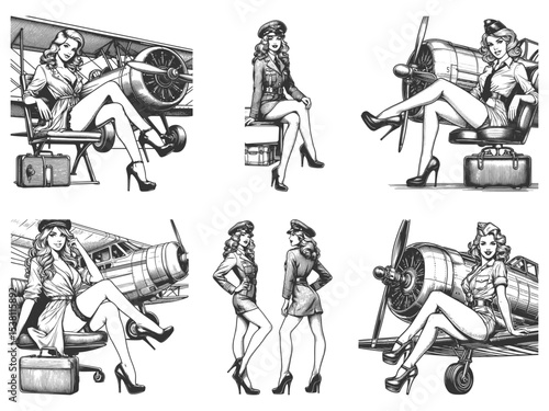 pin-up girls posing with classic propeller airplanes, dressed in aviation-themed outfits with retro charm Set collection bundle sketch engraving generative ai vector. Scratch board. Black and white.