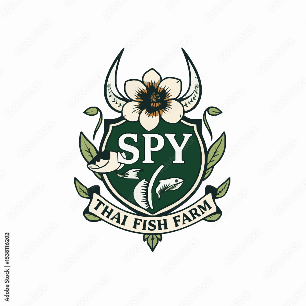 Fototapeta premium Elegant logo for thai fish farm business with floral and fish illustrations