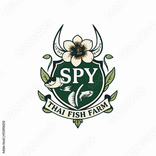 Elegant logo for thai fish farm business with floral and fish illustrations