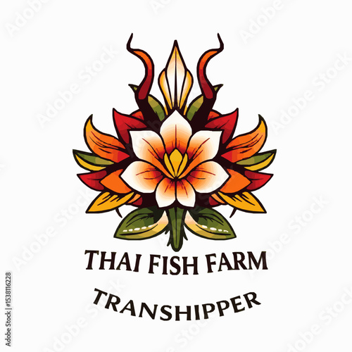 Unique thai fish farm transhipper symbol with elaborate flower and leaf design