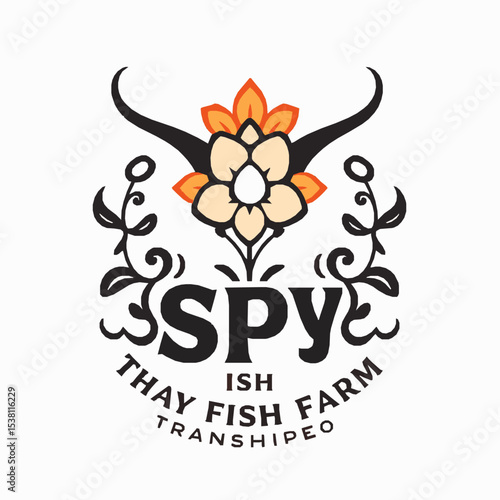 Modern spy ish thay fish farm logo with floral ornament and black horns