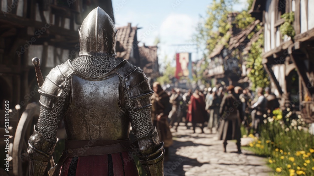 Medieval Knight in Full Armor, Back View, Amidst a Busy Town Square Medieval Knight in Full Armor, Back View, Amidst a Busy Town Square