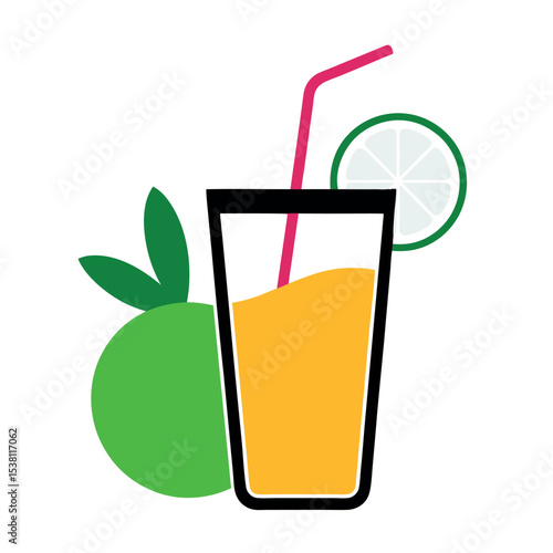 Fresh Orange Juice Glass with Lime Slice and Whole Orange Fruit Icon Vector