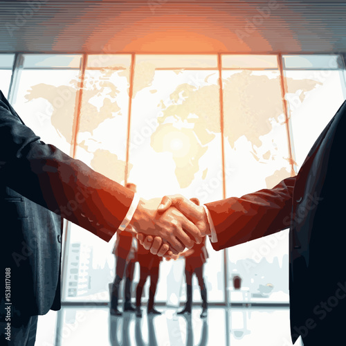 Businessmen handshake symbolizing global partnership and international trade agreement in modern office setting