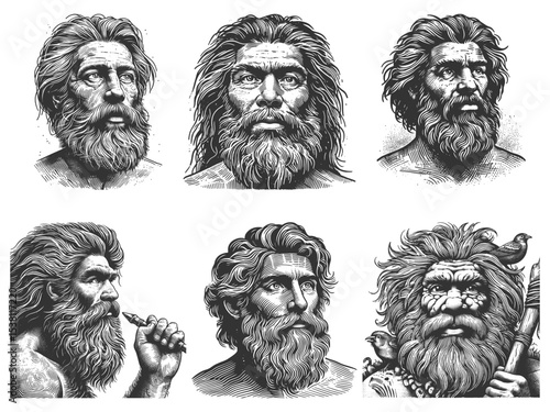 caveman and rugged primitive man with wild hair Set collection bundle sketch engraving generative ai vector illustration. Scratch board imitation. Black and white image.