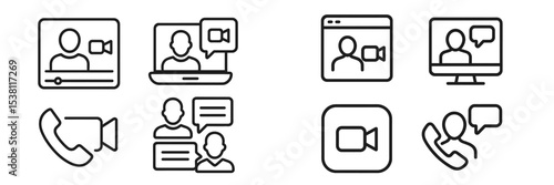 Various icons representing video calls, online communication, and virtual meetings in a modern digital workspace