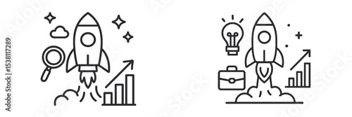 Concepts of innovation and growth represented by rockets launching amidst symbols of ideas and analytics