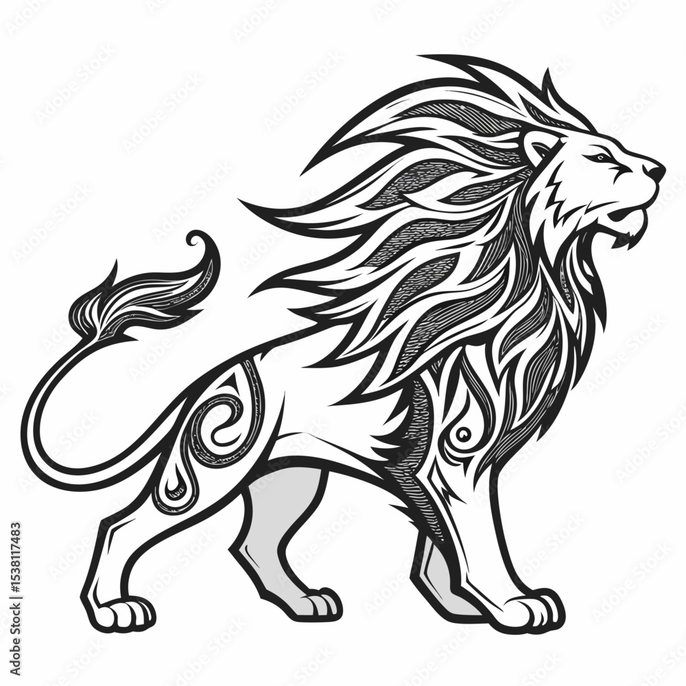 Obraz premium A lion mascot with flowing mane designed as tribal flames