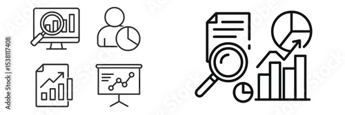Business analytics illustrations showing data analysis and presentation tools for professionals working in an office environment