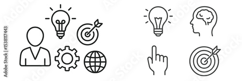 Creative brainstorming session with icons representing innovation, target goals, and valuable ideas in a collaborative environment