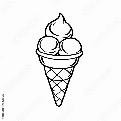 Ice cream cone with three scoops black and white line art illustration