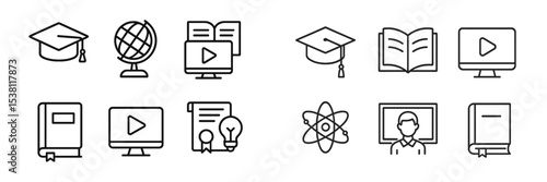Educational icons illustrating various learning methods including online classes and traditional schooling in a clear layout