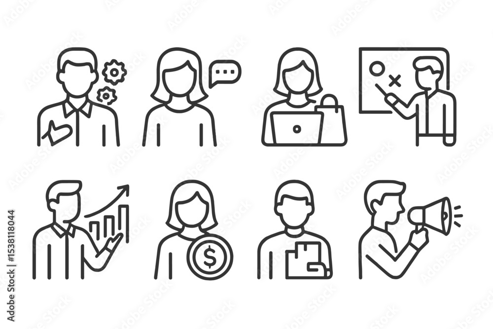 Business concepts illustrated with simple line drawings of workplace activities and communication in a professional setting Business concepts illustrated with simple line drawings of workplace activities and communication in a professional setting