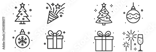 Festive Christmas symbols including trees, ornaments, gifts, and fireworks for holiday celebration themes