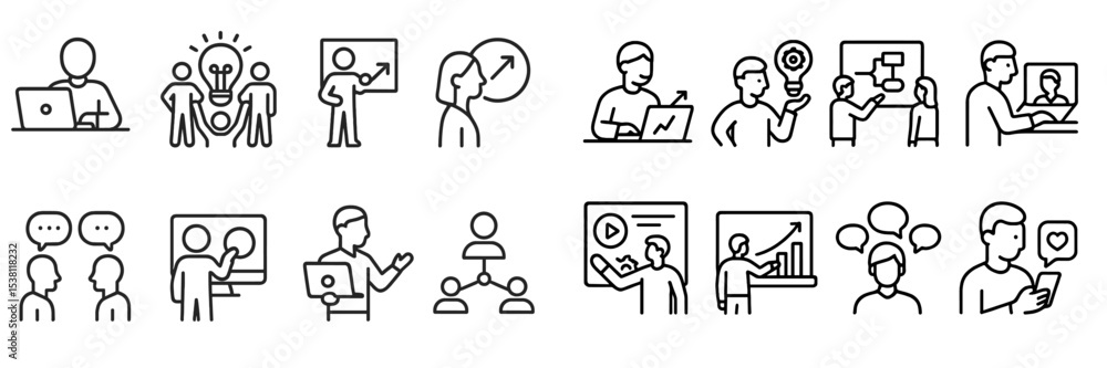 Illustration of various business activities and teamwork practices taking place in a modern office environment Illustration of various business activities and teamwork practices taking place in a modern office environment