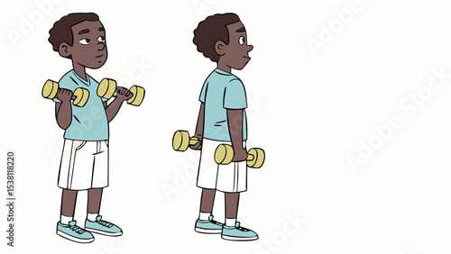 cartoon illustration: young boy exercising with dumbbells, biceps curl isolated on white background.