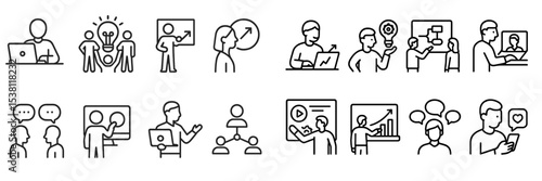 Illustration of various business activities and teamwork practices taking place in a modern office environment