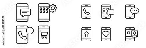 Collection of line icons showing mobile app functionalities and communication options on smartphones