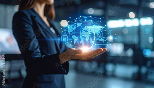 Global Connection at Your Fingertips: A poised professional lady elegantly cradles a vibrant digital globe. The image, exuding a sense of technological mastery and forward-thinking.
