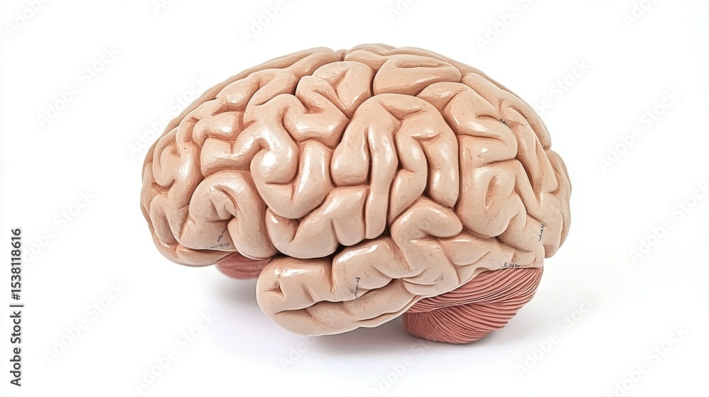A detailed close-up of a human brain model with clear labeling of the different regions, set against a clean, white background for educational purposes. A detailed close-up of a human brain model with clear labeling of the different regions, set against a clean, white background for educational purposes.