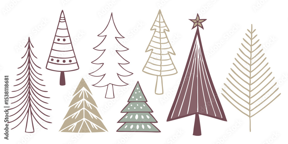 Obraz premium various stylized christmas trees in muted tones isolated on a white background 